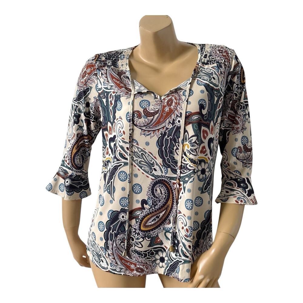 ANOTHER REASON Womens Petite Size PL Bell Sleeve Keyhole Neck Paisley Boho Shirt